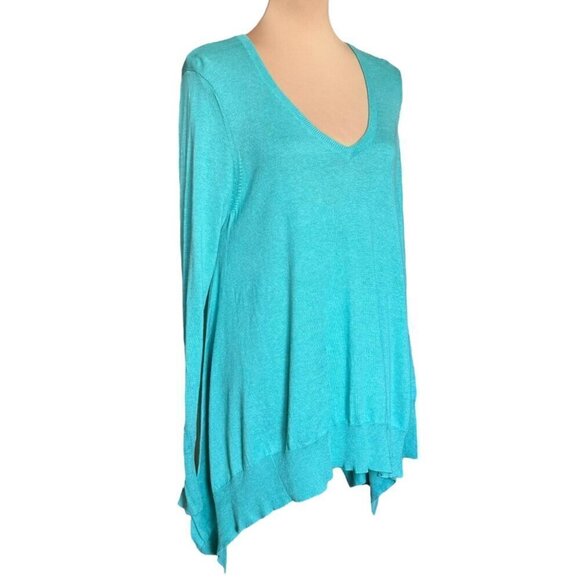 NWOT Acrobat  V-Neck Sweater Sz.L Turquoise Blue Asymmetrical Hem Relaxed Fit - Picture 3 of 11
